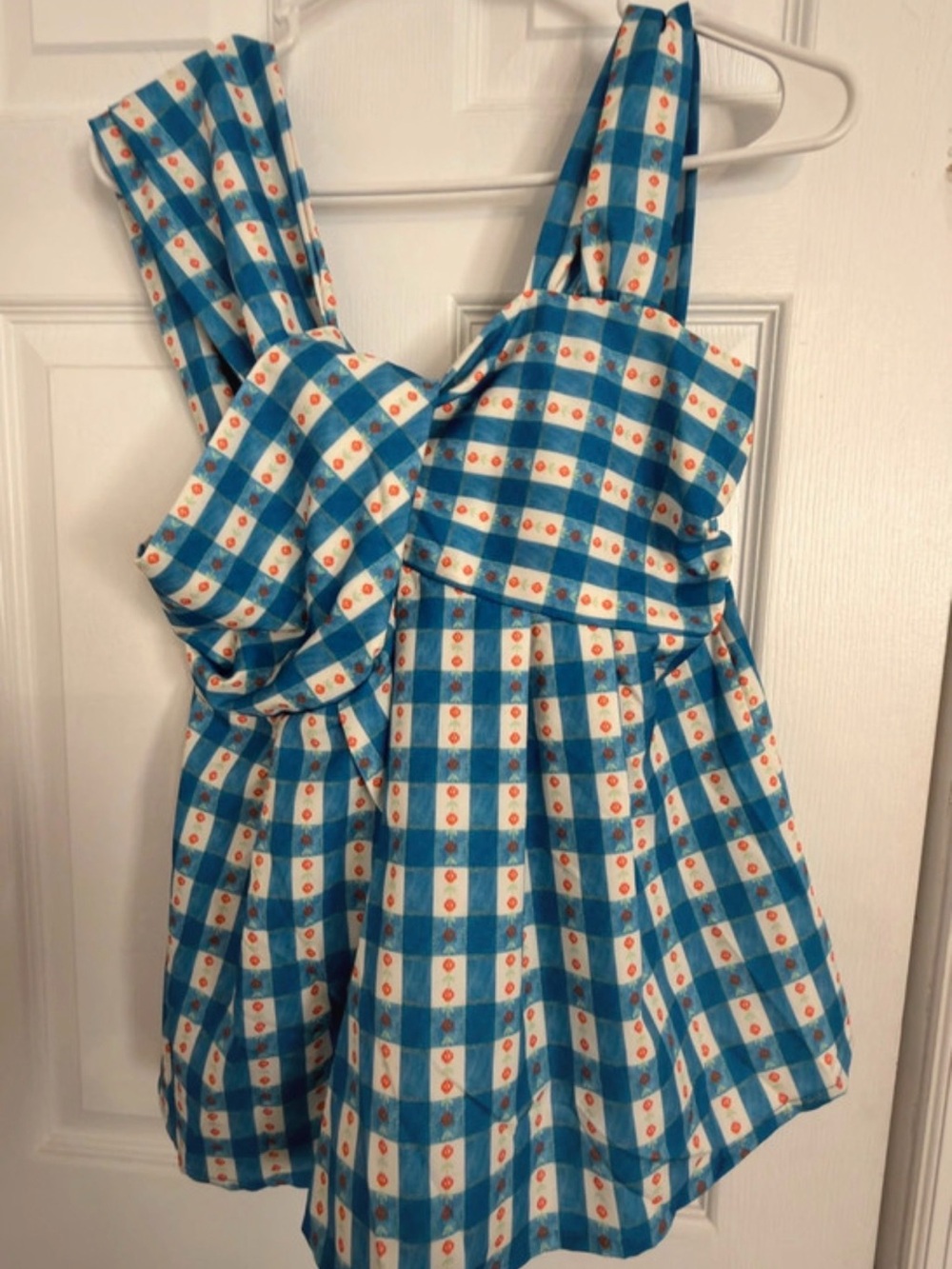 SHEIN Blue & White Gingham Tank Top with Red Dot Accents